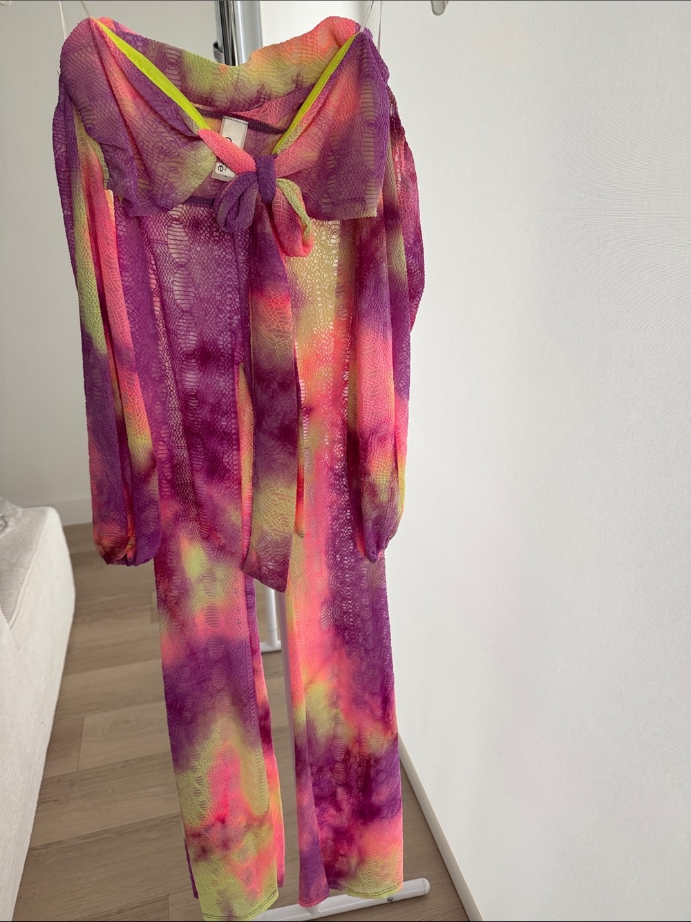 Sheer Tie-Neck Two-Piece Set in Purple, Pink & Neon Yellow